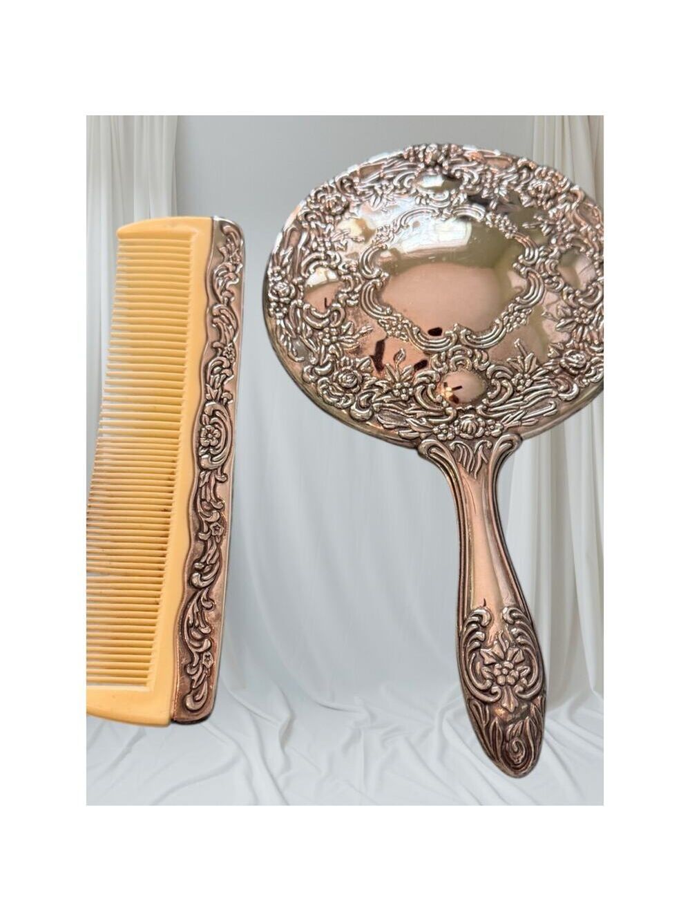 Vintage Vanity Set Hand Mirror & Comb Ornate Floral Silver Tone 1920s–50s